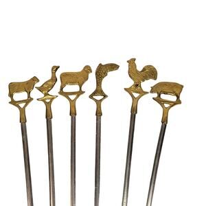 Vintage Turkish Stainless Steel Brass Handle Shish Kabob Skewers 16" Set of 6